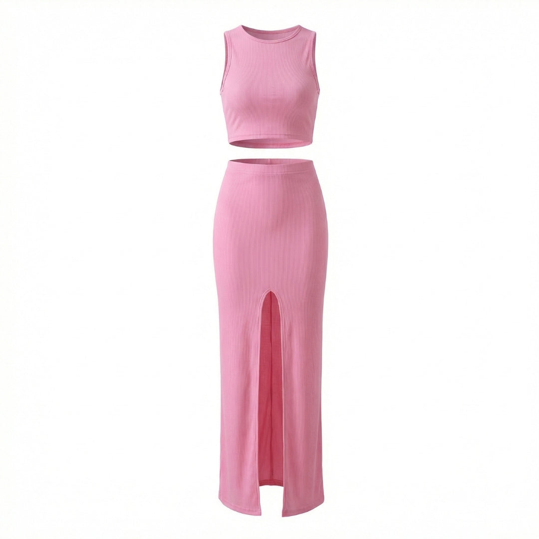 Manon | Women’s Ribbed One-Shoulder Crop Top and Slit Maxi Skirt Set