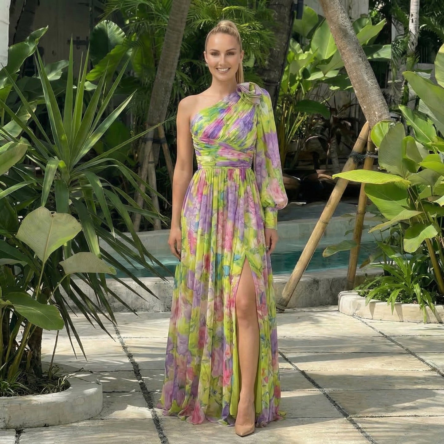 Maud | Women’s One-Shoulder Floral Maxi Dress Draped