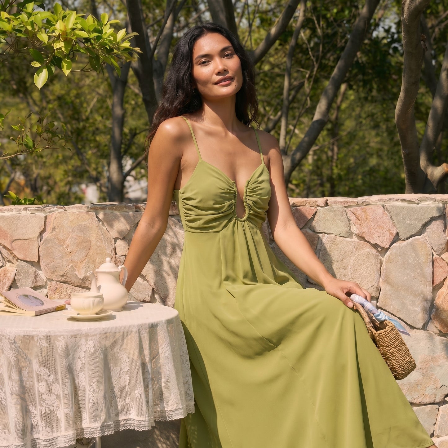 Sage Women's Maxi Dress Cutout Waist Ruched, Spaghetti Strap