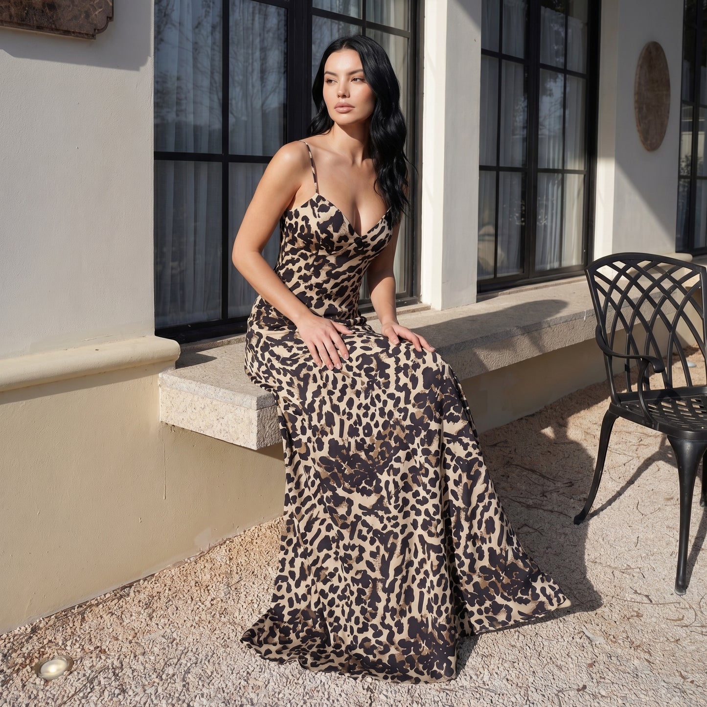 Savana Women's Leopard Print Slip Maxi Dress, Spaghetti Strap V-Neck