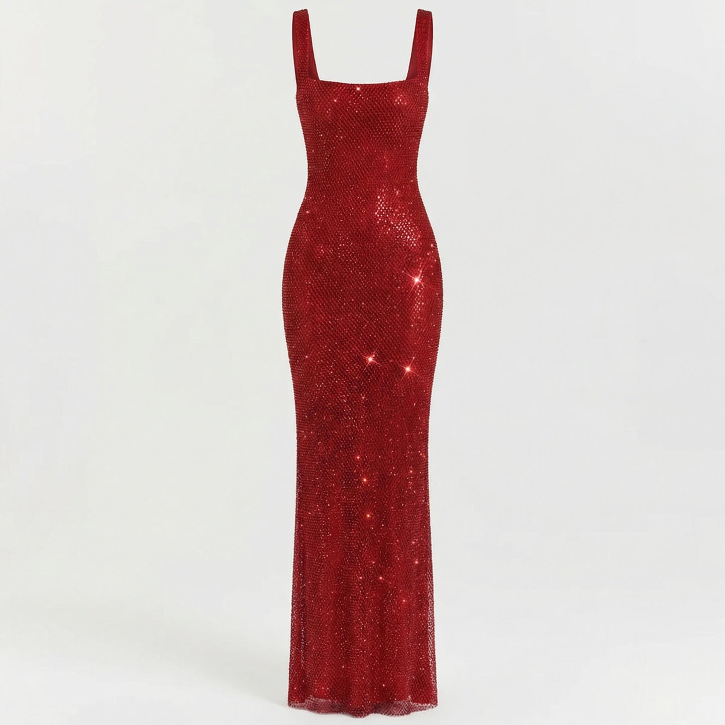 Serena | Women’s Rhinestone Stretch-Mesh Maxi Dress, Square-Neck