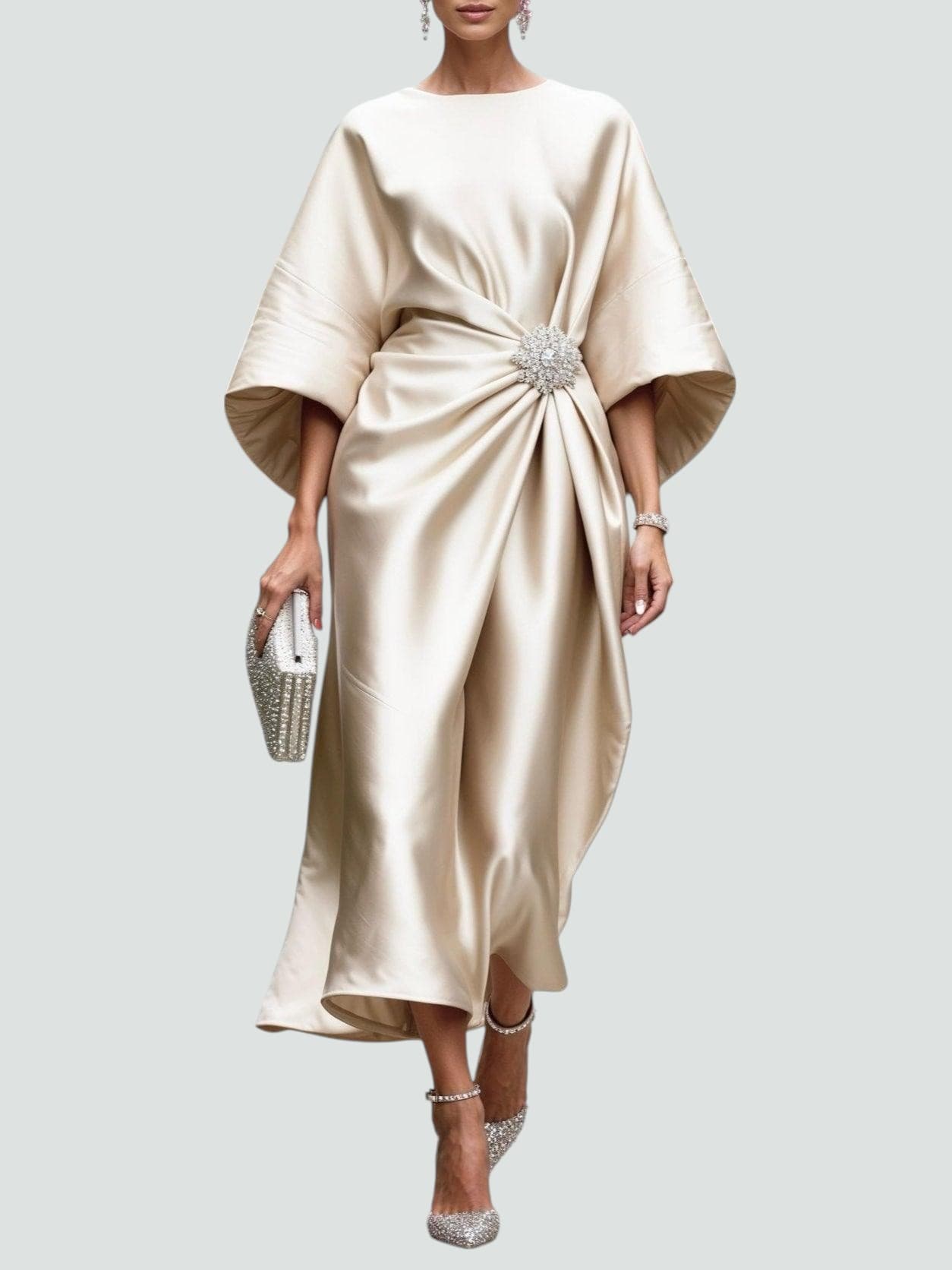 Emeline Brooch-Waist Satin Midi Dress