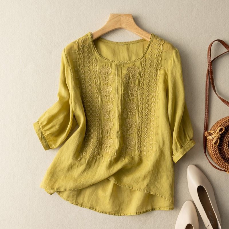 Thérèse Floral-Embroidered Linen Blouse