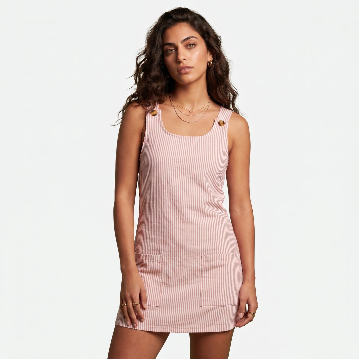 Pipa Women's Mini Dress Ribbed Stripe Button Strap, Scoop Neck