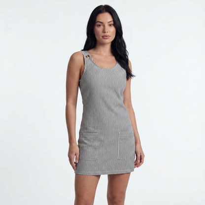 Pipa Women's Mini Dress Ribbed Stripe Button Strap, Scoop Neck