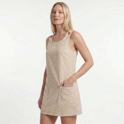 Pipa Women's Mini Dress Ribbed Stripe Button Strap, Scoop Neck