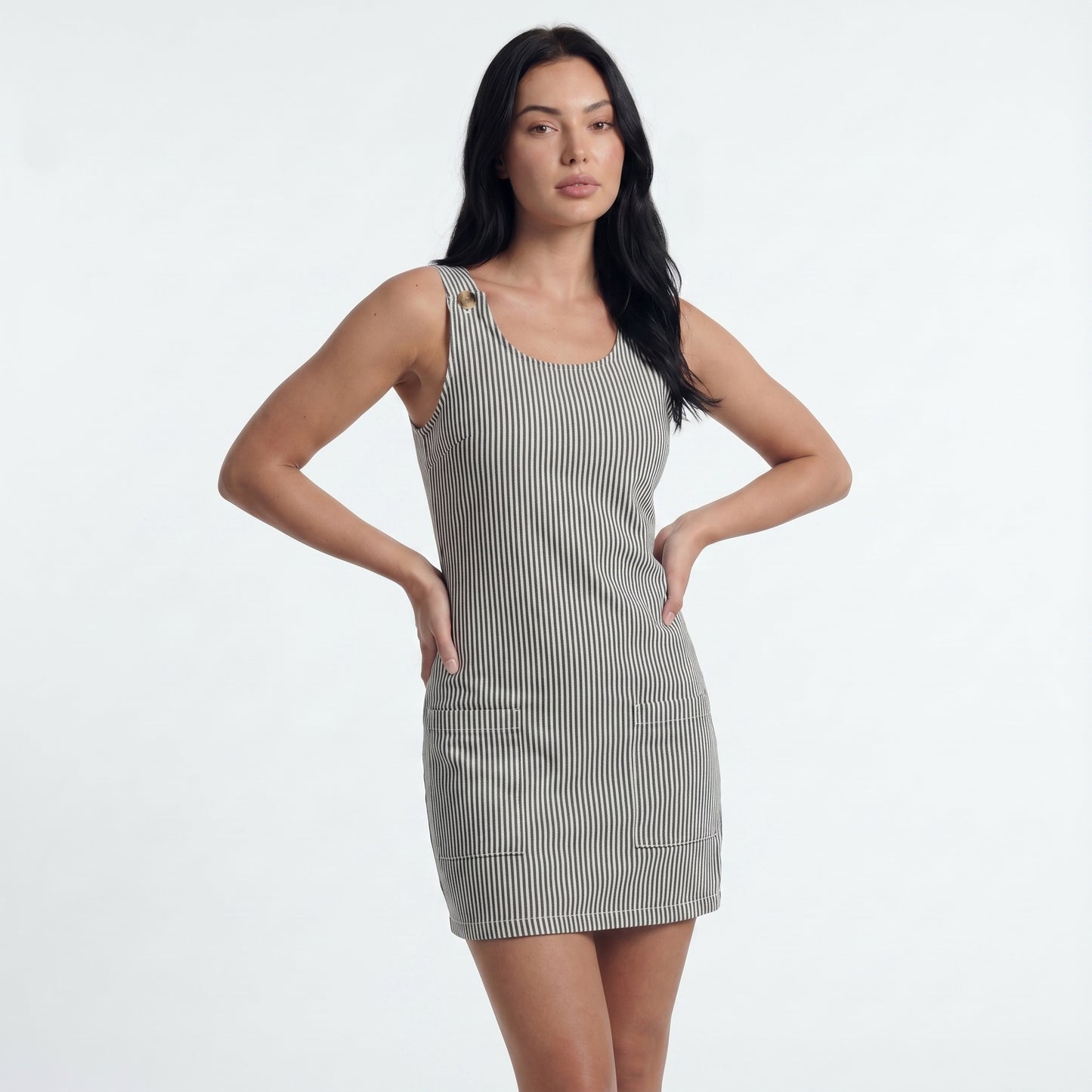 Pipa Women's Mini Dress Ribbed Stripe Button Strap, Scoop Neck