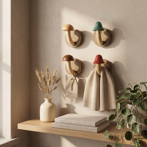 Wooden Mushroom Wall Hooks Set of 4