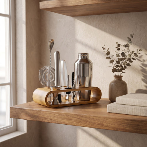 Stainless Steel Cocktail Shaker Bar Tool Set with Bamboo Stand