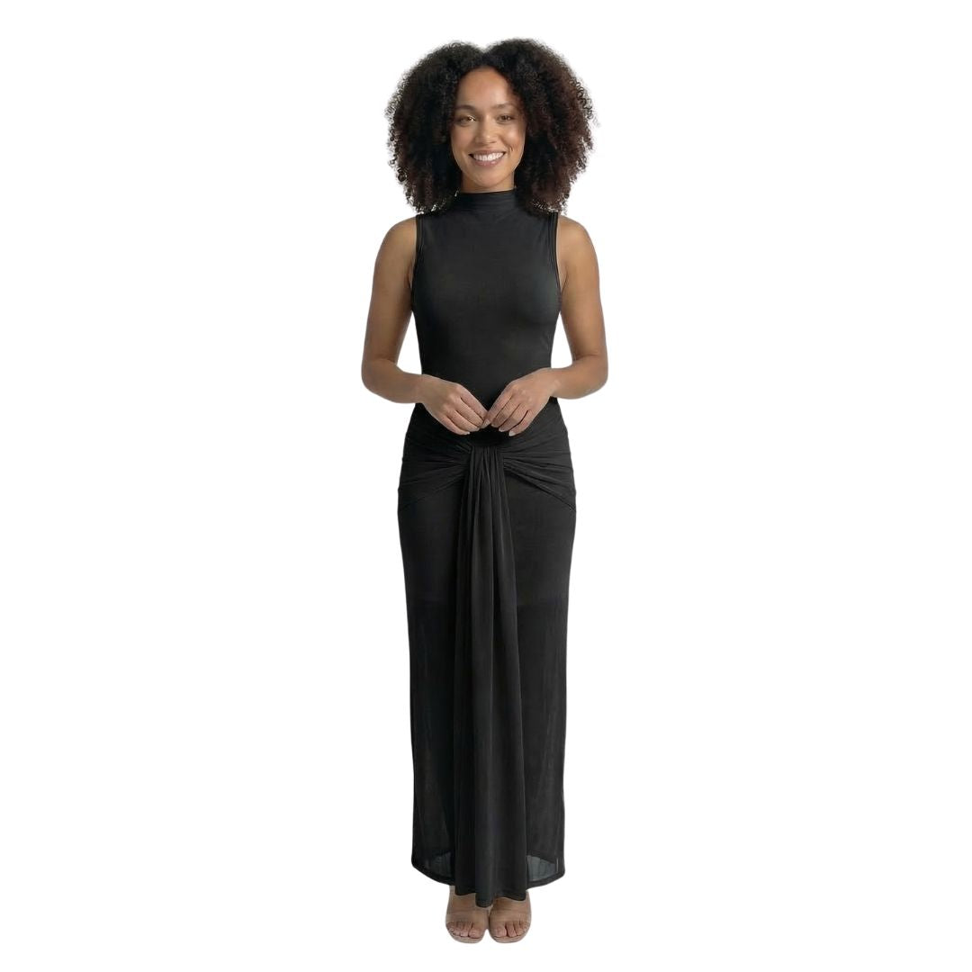 Adélaïde | Women’s Ruched Mock-Neck Maxi Dress with Tie Waist