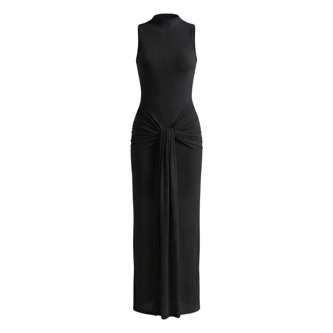Adélaïde | Women’s Ruched Mock-Neck Maxi Dress with Tie Waist