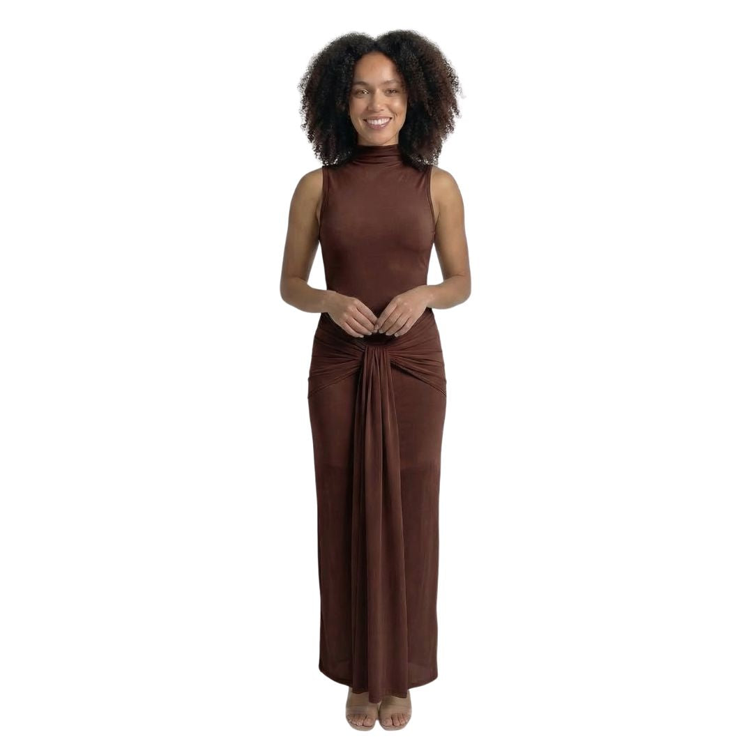 Adélaïde | Women’s Ruched Mock-Neck Maxi Dress with Tie Waist