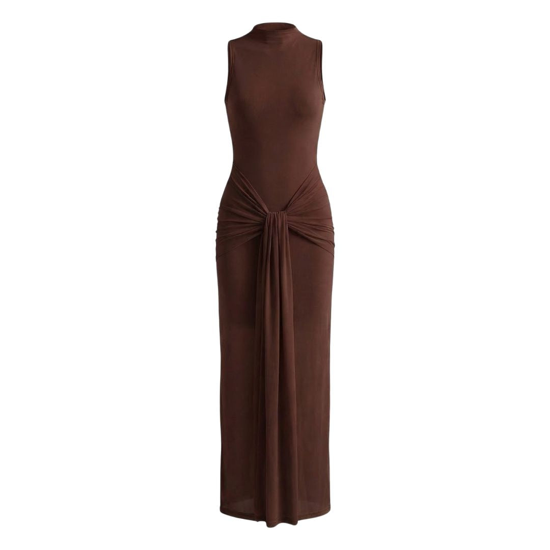 Adélaïde | Women’s Ruched Mock-Neck Maxi Dress with Tie Waist