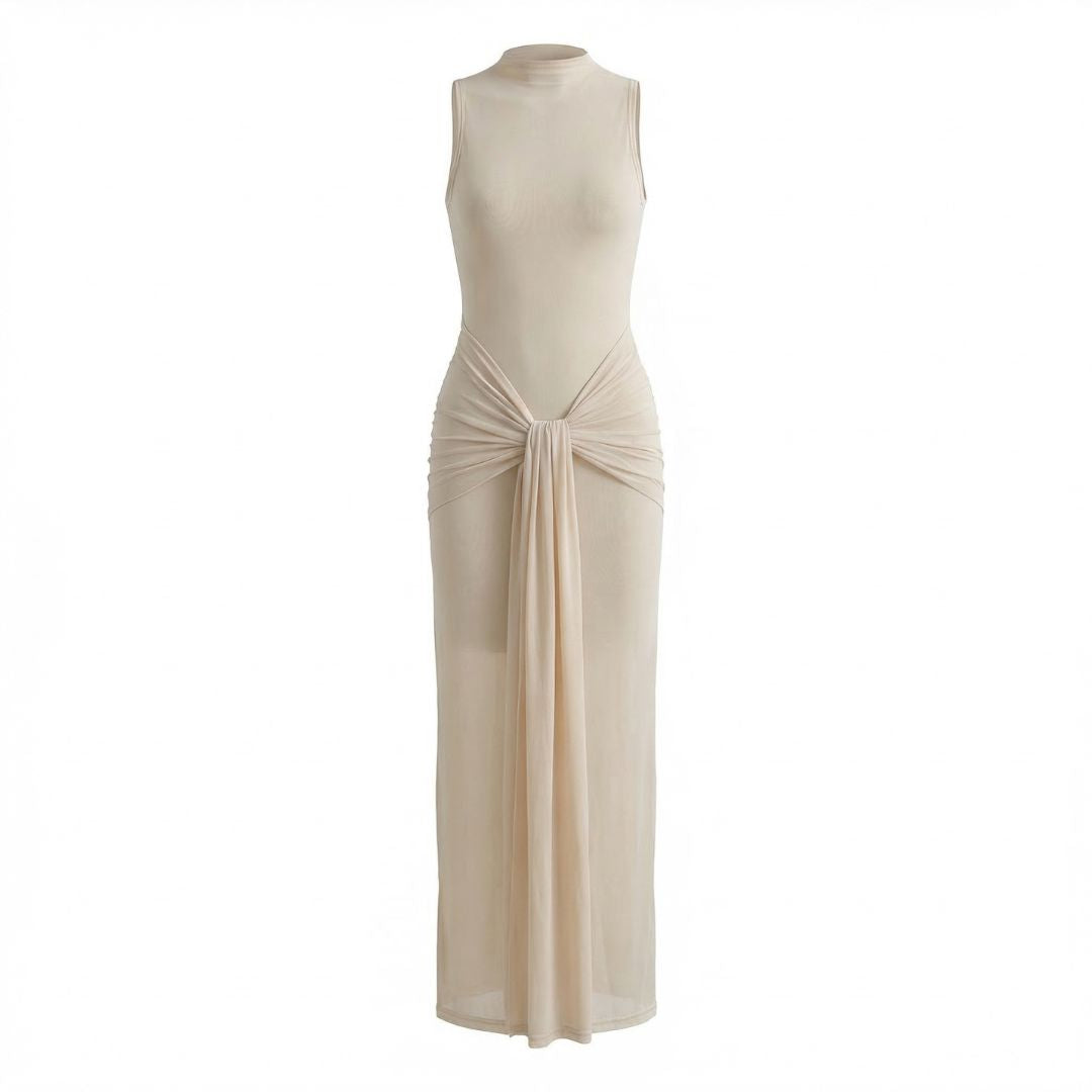 Adélaïde | Women’s Ruched Mock-Neck Maxi Dress with Tie Waist