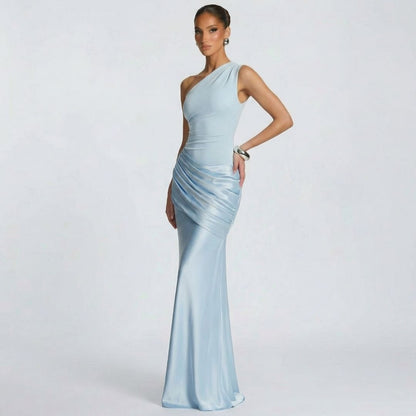 Alix | Women’s One-Shoulder Satin Maxi Dress with Zip