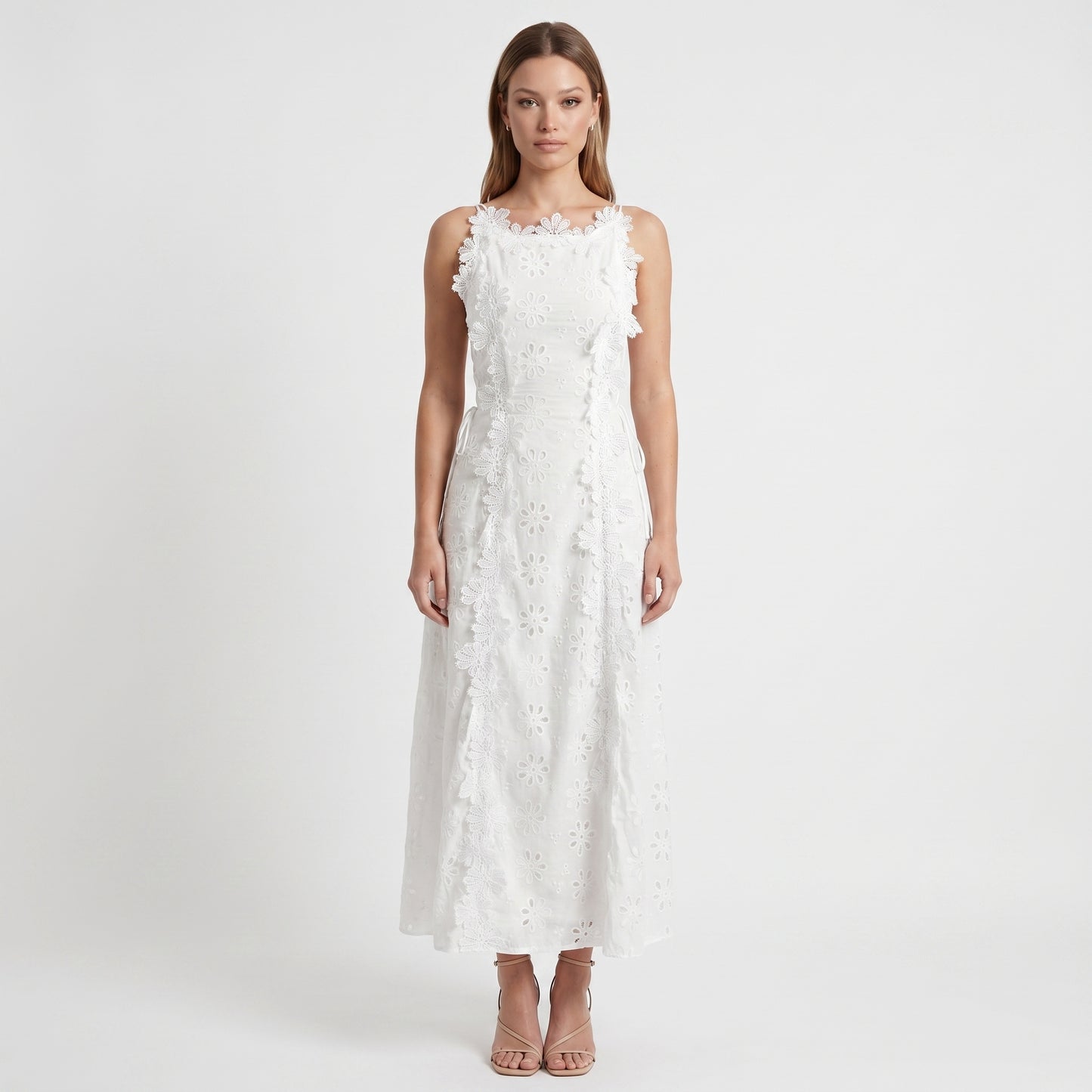 Alma Women's Maxi Dress 3D Floral Eyelet, Sleeveless A-Line