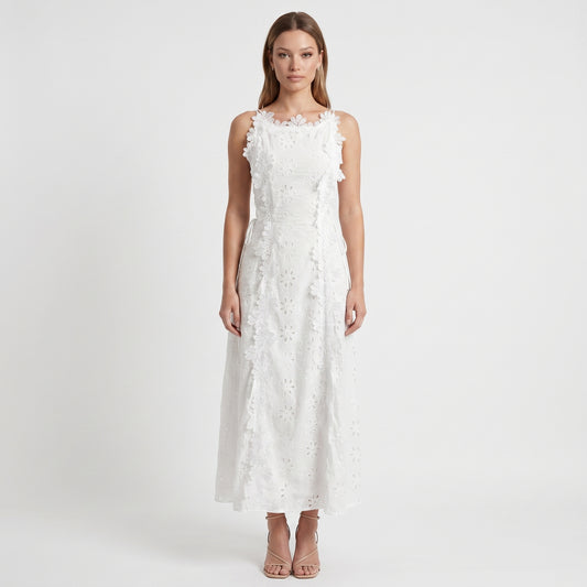 Alma Women's Maxi Dress 3D Floral Eyelet, Sleeveless A-Line
