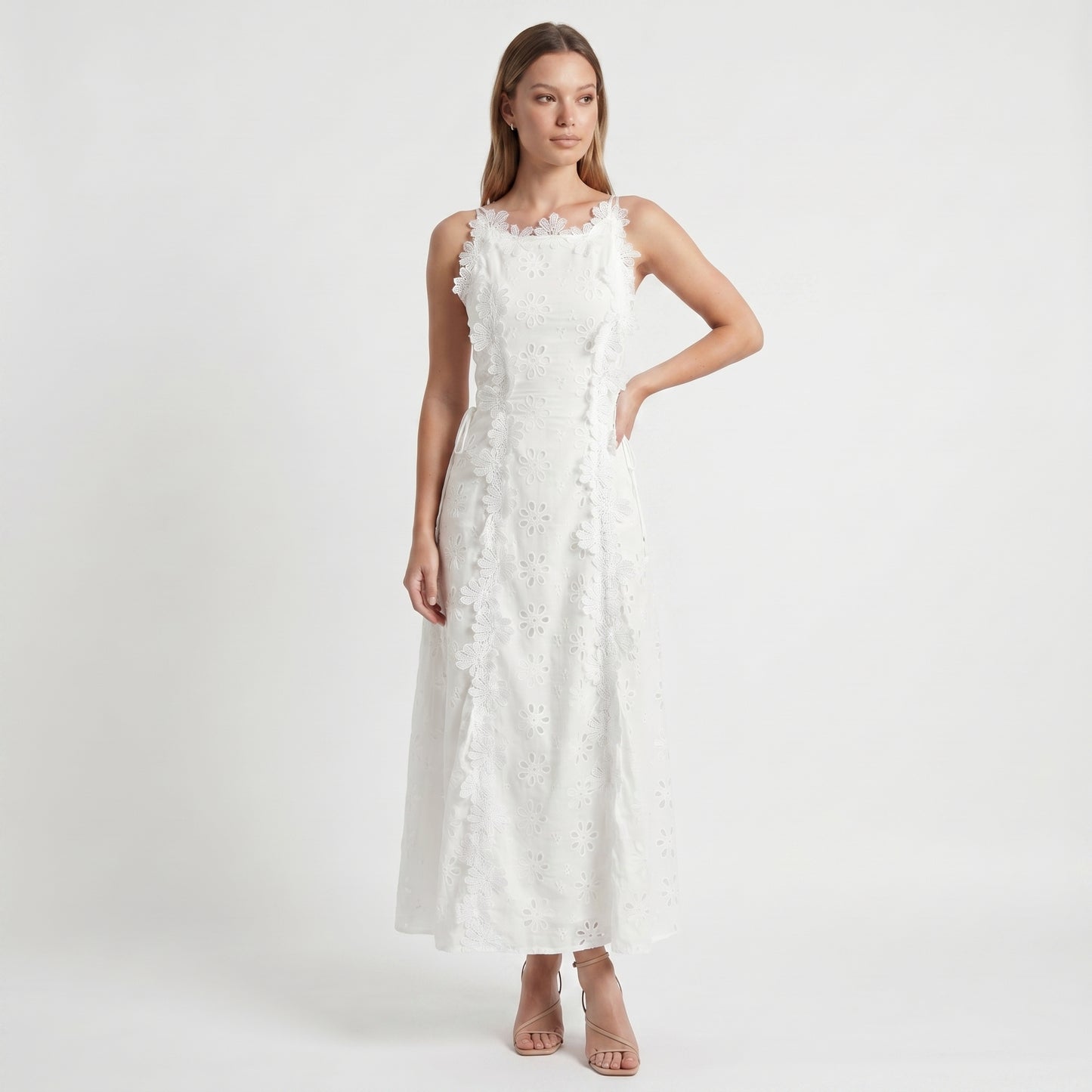 Alma Women's Maxi Dress 3D Floral Eyelet, Sleeveless A-Line