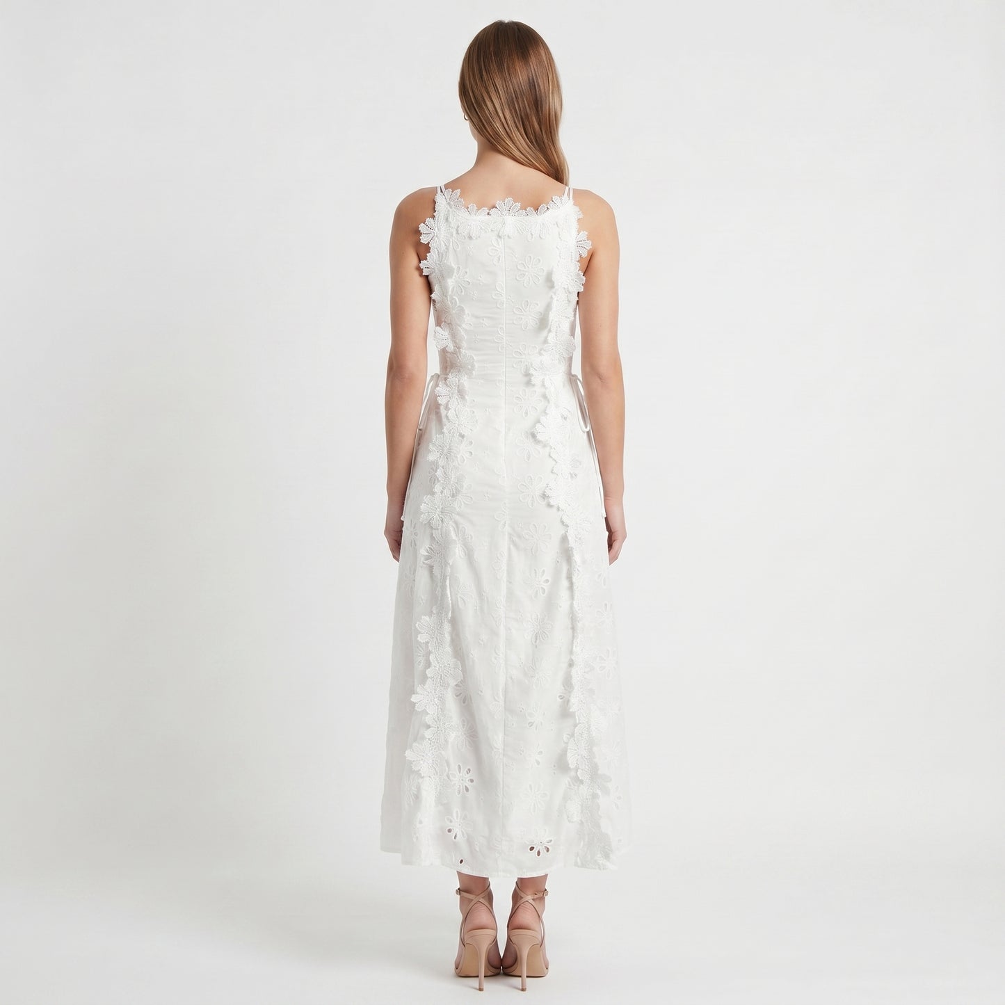 Alma Women's Maxi Dress 3D Floral Eyelet, Sleeveless A-Line