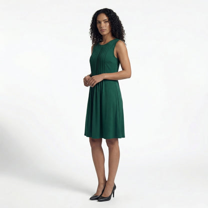 Alma Women's Pleated Mini Swing Dress, Sleeveless A-Line Round Neck