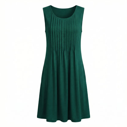 Alma Women's Pleated Mini Swing Dress, Sleeveless A-Line Round Neck