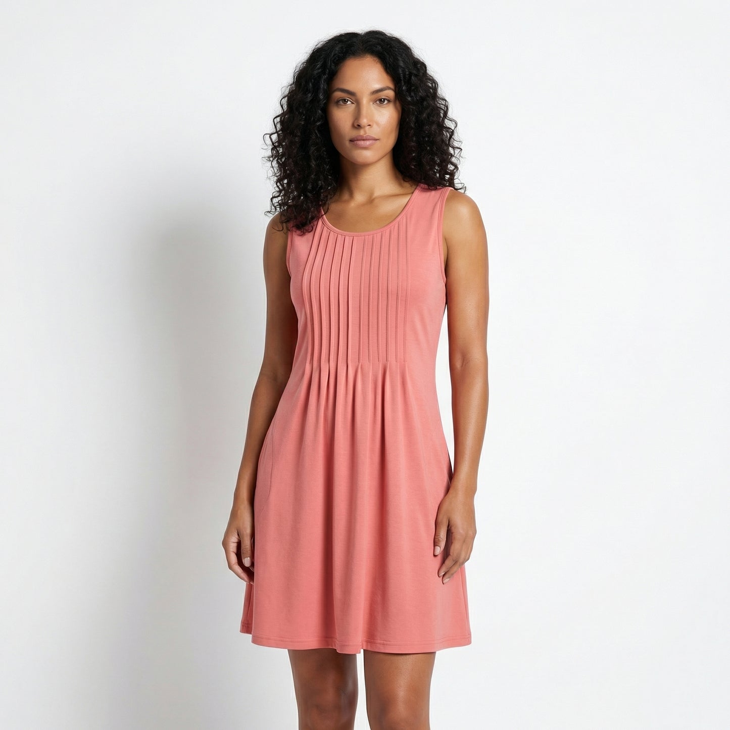 Alma Women's Pleated Mini Swing Dress, Sleeveless A-Line Round Neck