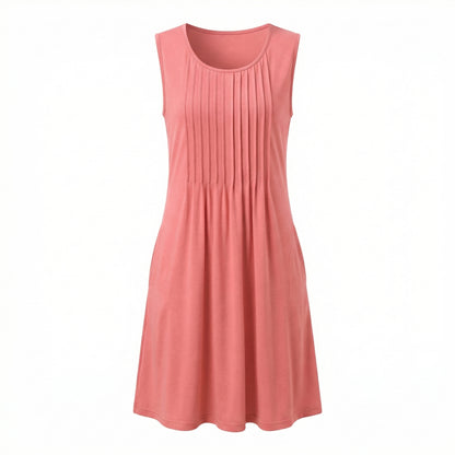 Alma Women's Pleated Mini Swing Dress, Sleeveless A-Line Round Neck