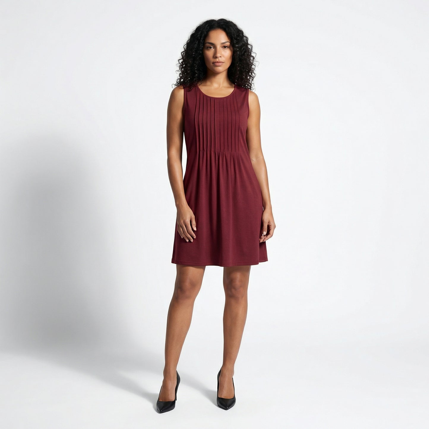 Alma Women's Pleated Mini Swing Dress, Sleeveless A-Line Round Neck