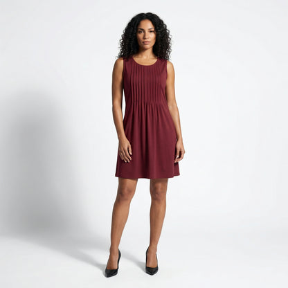 Alma Women's Pleated Mini Swing Dress, Sleeveless A-Line Round Neck