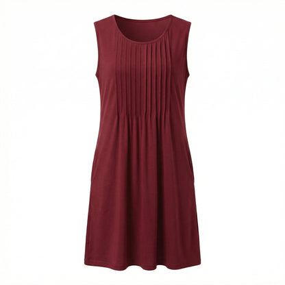 Alma Women's Pleated Mini Swing Dress, Sleeveless A-Line Round Neck