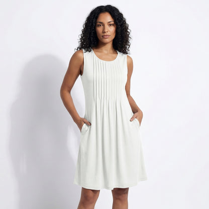 Alma Women's Pleated Mini Swing Dress, Sleeveless A-Line Round Neck