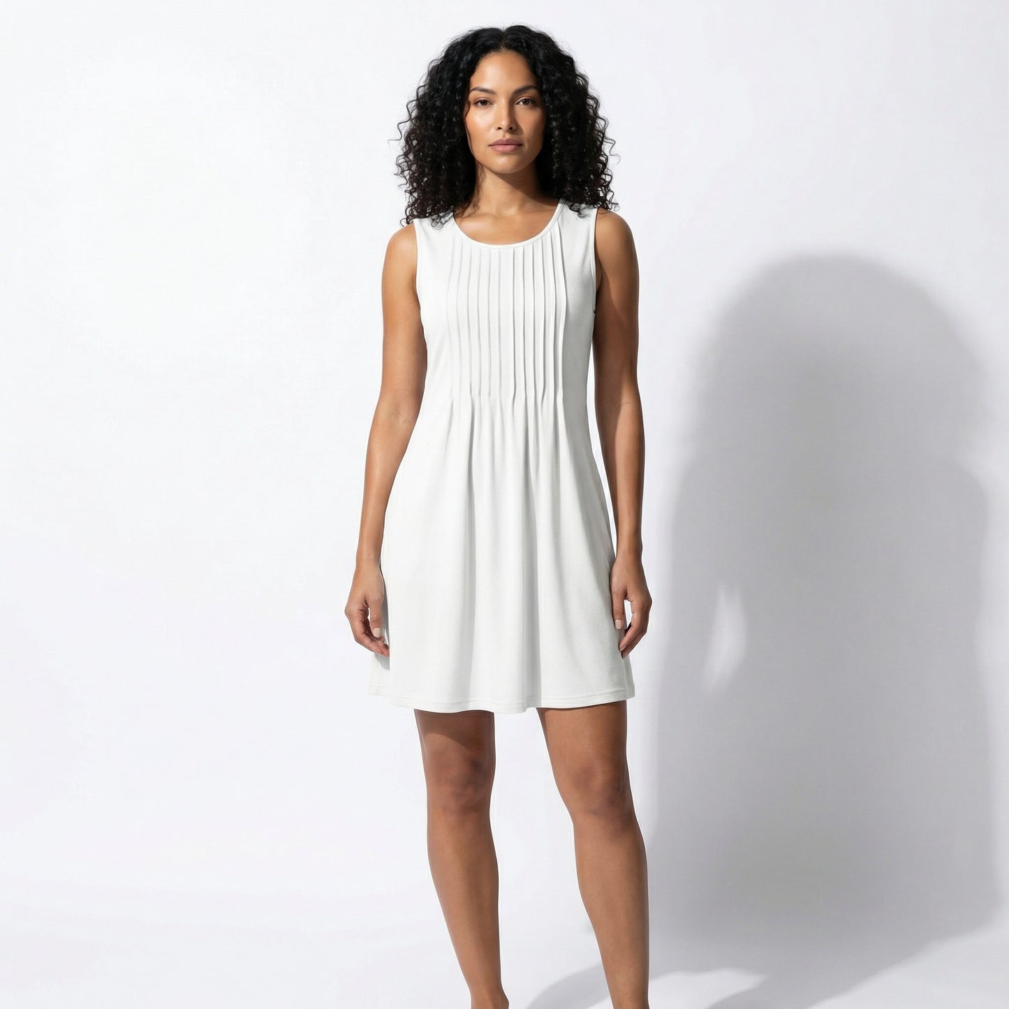 Alma Women's Pleated Mini Swing Dress, Sleeveless A-Line Round Neck