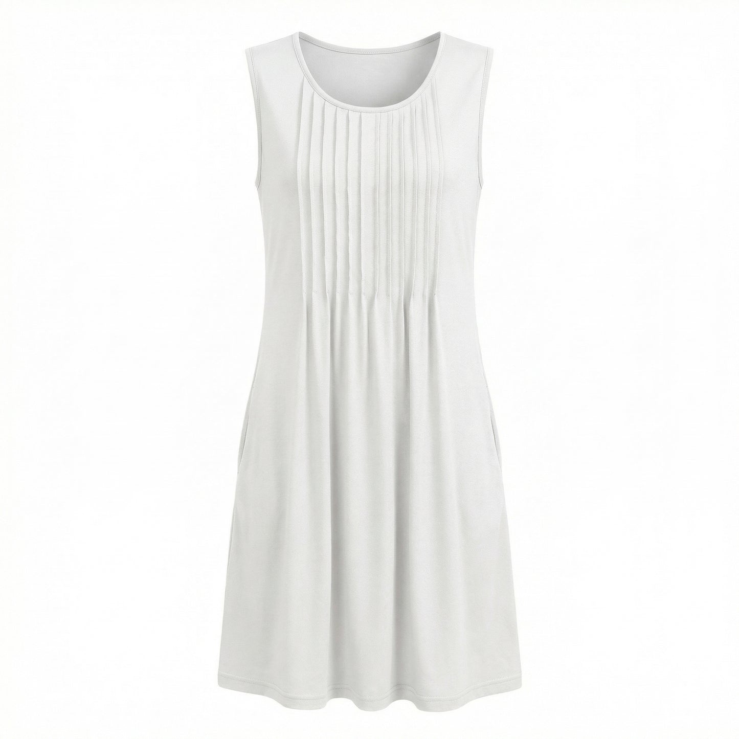 Alma Women's Pleated Mini Swing Dress, Sleeveless A-Line Round Neck