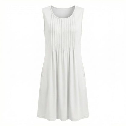 Alma Women's Pleated Mini Swing Dress, Sleeveless A-Line Round Neck