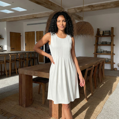 Alma Women's Pleated Mini Swing Dress, Sleeveless A-Line Round Neck