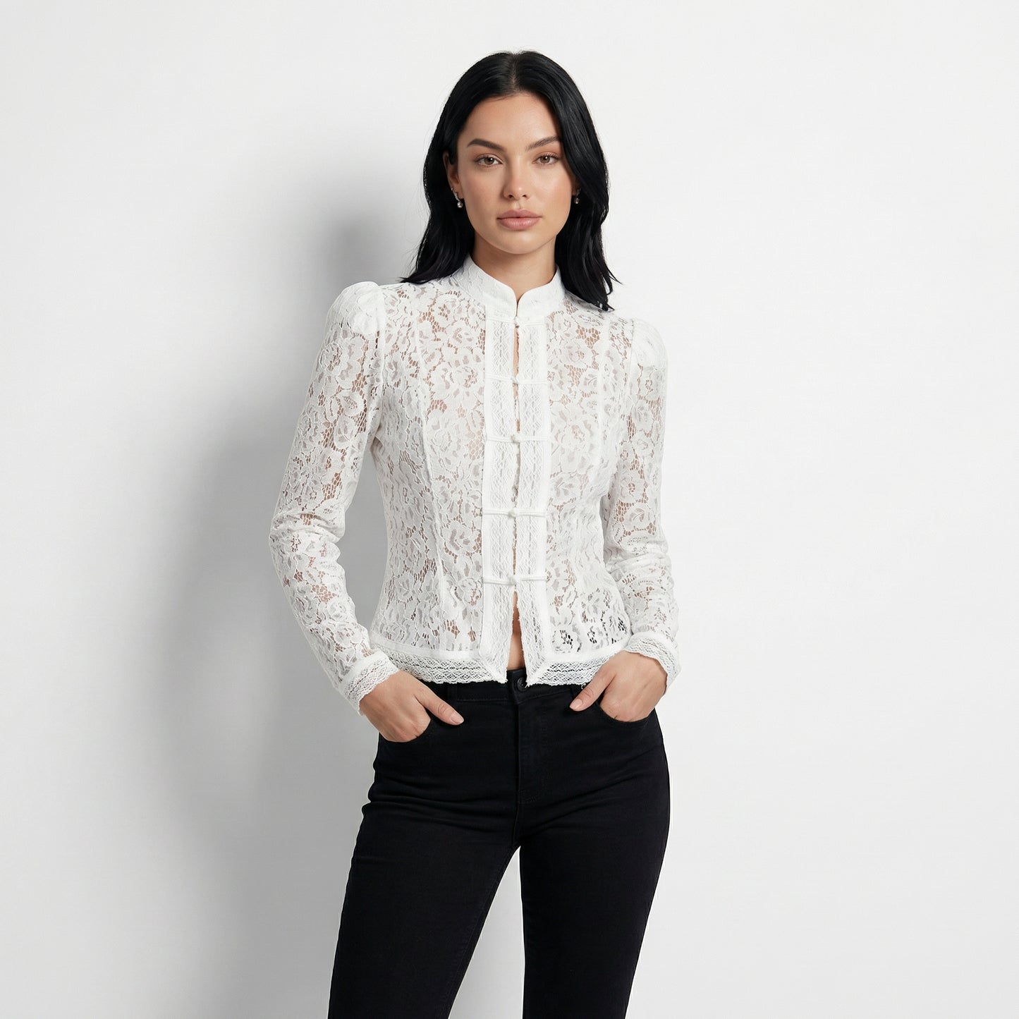 Arabelle Women's Lace Puff Sleeve Blouse, Stand Collar Button Front