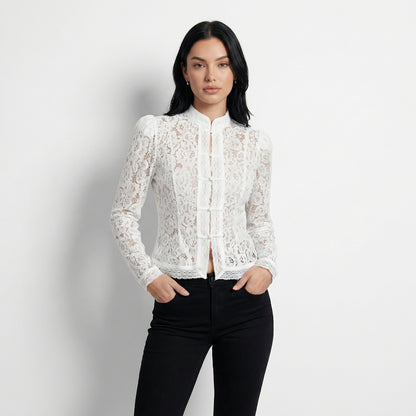 Arabelle Women's Lace Puff Sleeve Blouse, Stand Collar Button Front