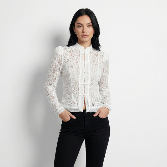 Arabelle Women's Lace Puff Sleeve Blouse, Stand Collar Button Front
