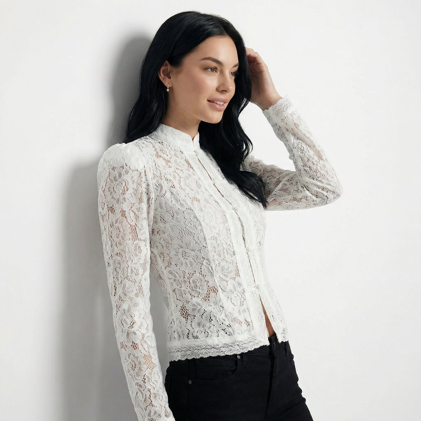 Arabelle Women's Lace Puff Sleeve Blouse, Stand Collar Button Front