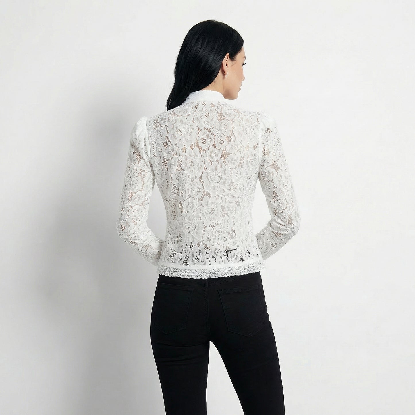 Arabelle Women's Lace Puff Sleeve Blouse, Stand Collar Button Front