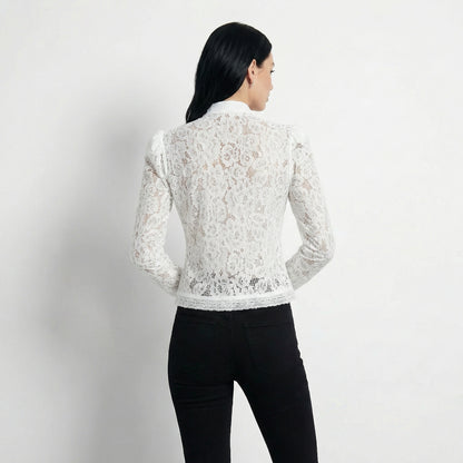 Arabelle Women's Lace Puff Sleeve Blouse, Stand Collar Button Front