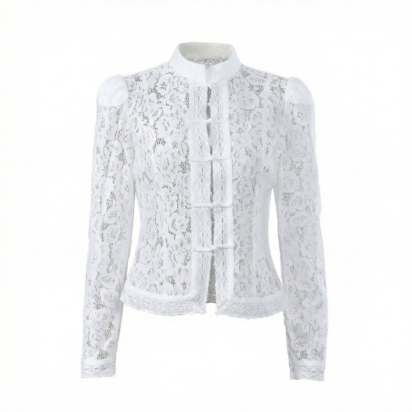 Arabelle Women's Lace Puff Sleeve Blouse, Stand Collar Button Front