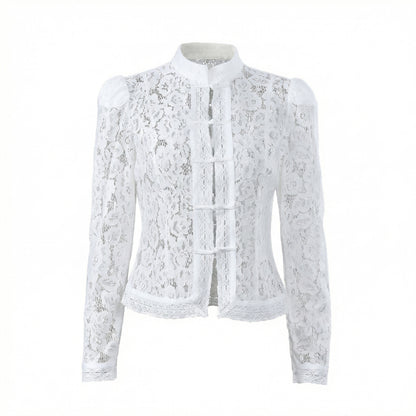 Arabelle Women's Lace Puff Sleeve Blouse, Stand Collar Button Front