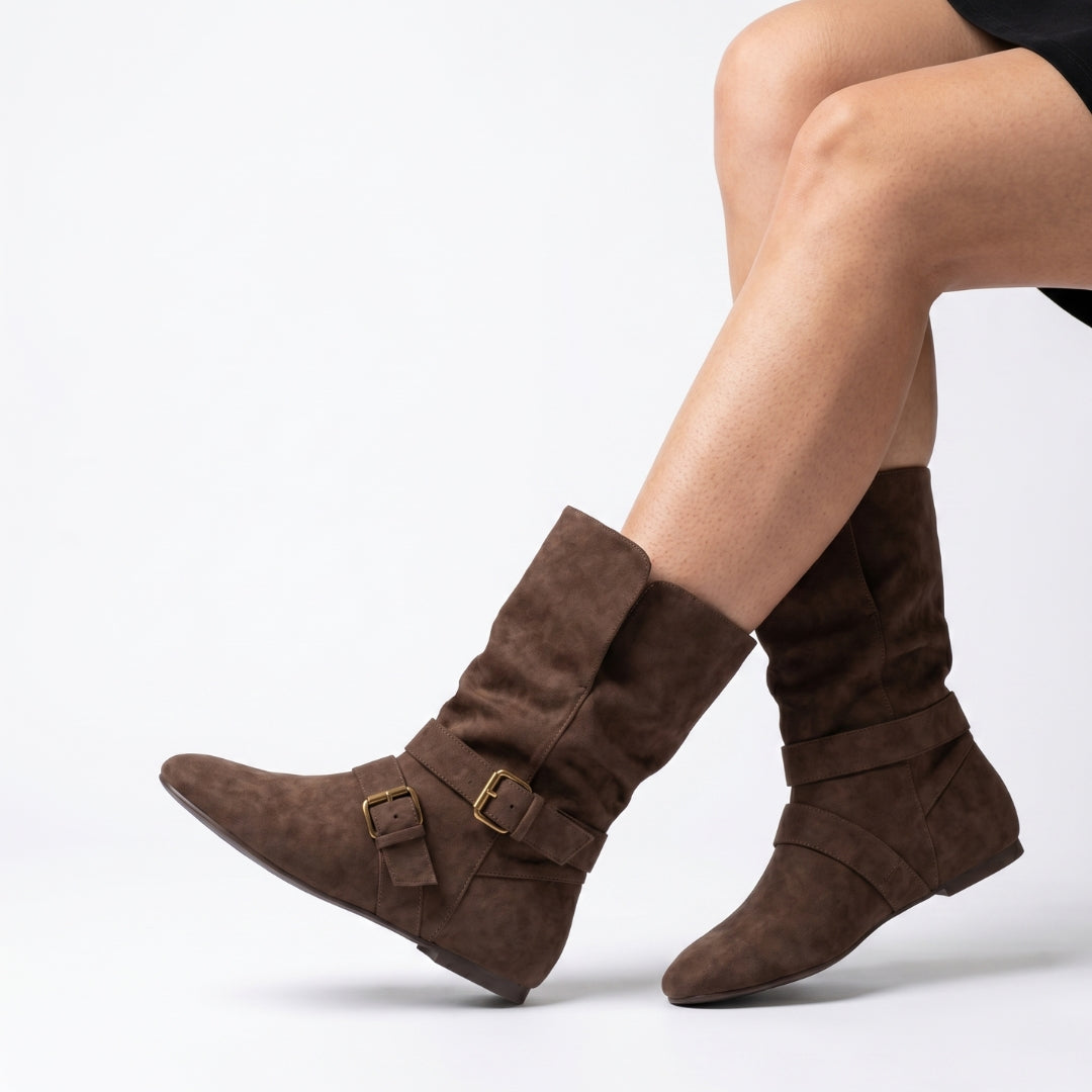 Aurélie Women’s Buckled Mid-Calf Flat Boots