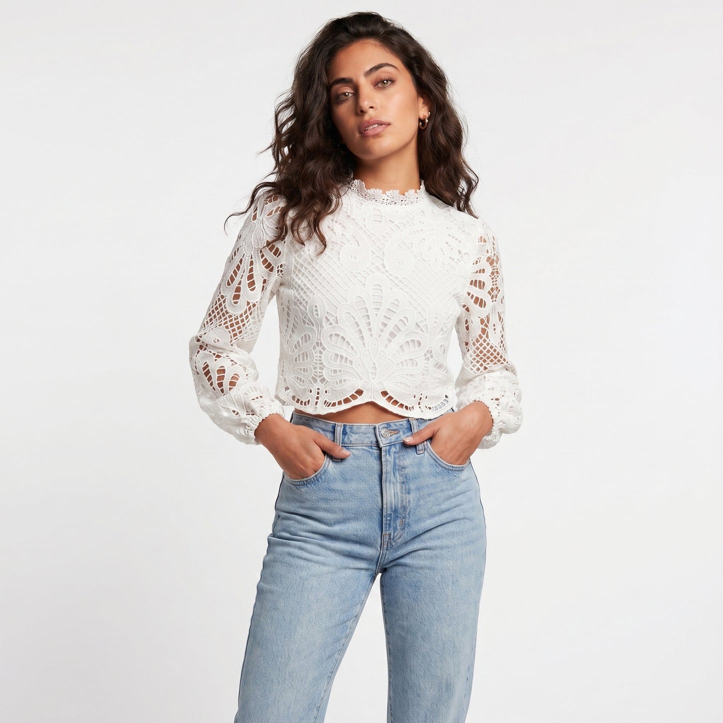 Belle Women's Lace Top Hollow Cutwork, Mock Neck Long Sleeve