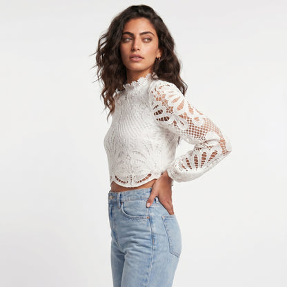 Belle Women's Lace Top Hollow Cutwork, Mock Neck Long Sleeve