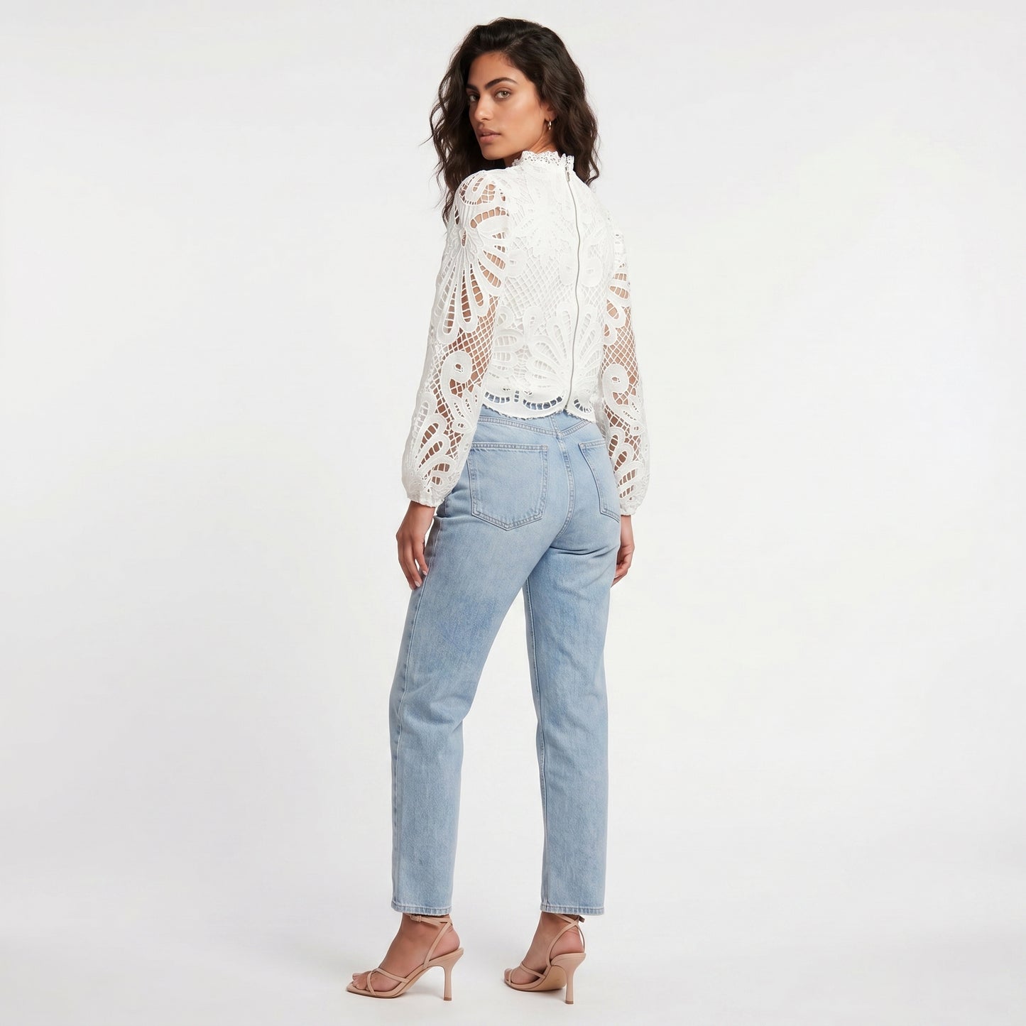 Belle Women's Lace Top Hollow Cutwork, Mock Neck Long Sleeve