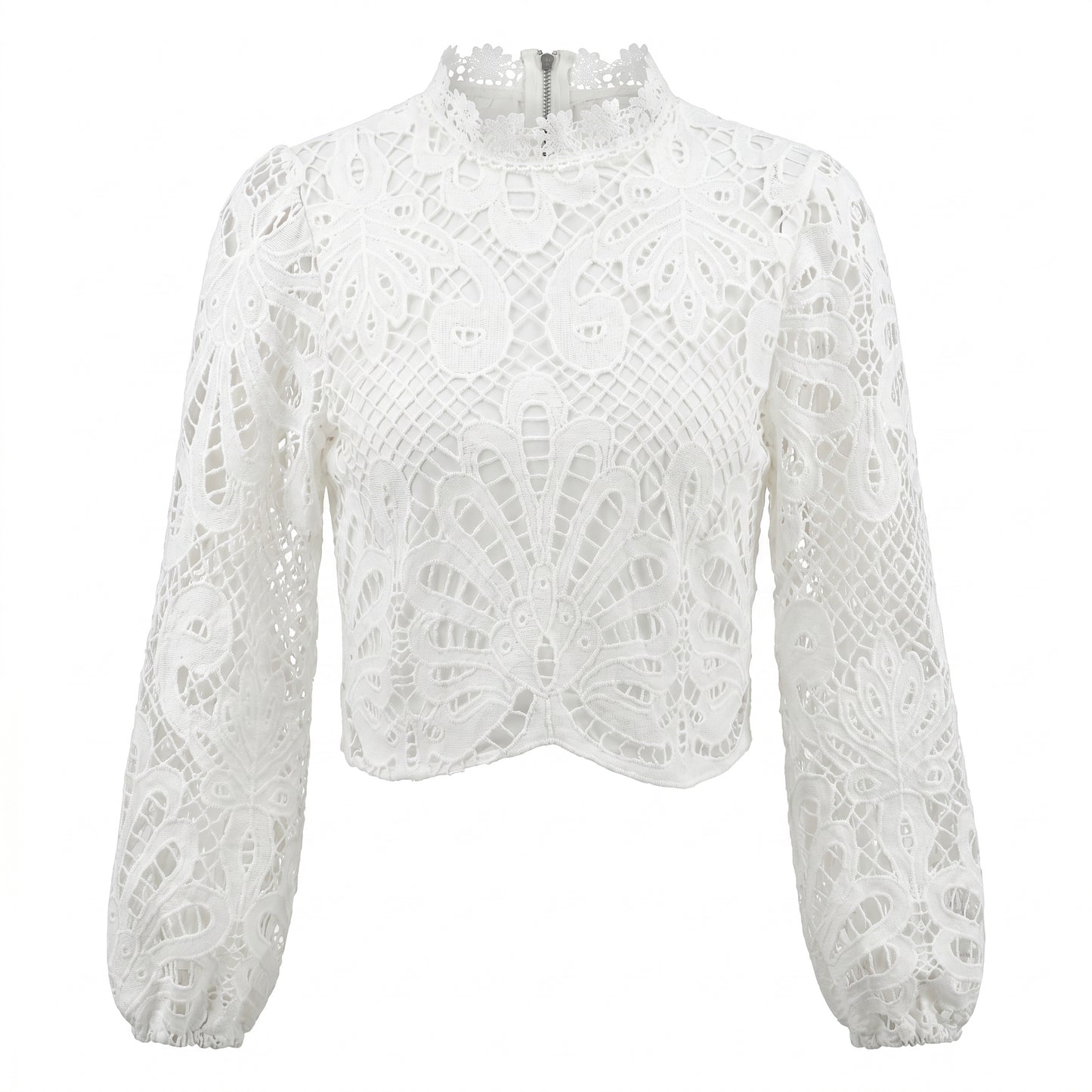 Belle Women's Lace Top Hollow Cutwork, Mock Neck Long Sleeve