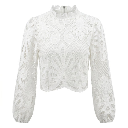 Belle Women's Lace Top Hollow Cutwork, Mock Neck Long Sleeve