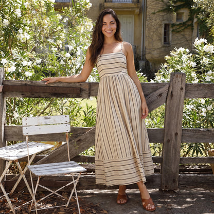 Bonnie Women's Striped Spaghetti Strap Maxi Dress, Open Back Flowy